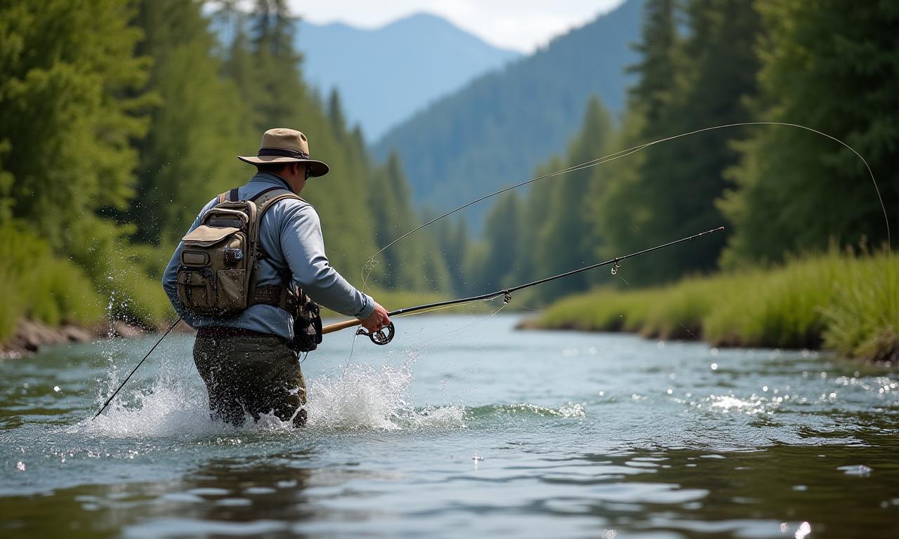 Angler beim Fliegenfischen in einem malerischen Fluss