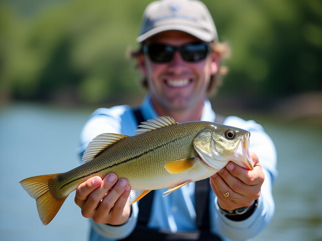 Zufriedener Kunde hält einen gefangenen Fisch