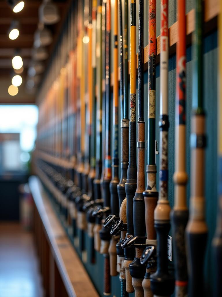 Wand mit Angelruten im Angelsportgeschäft